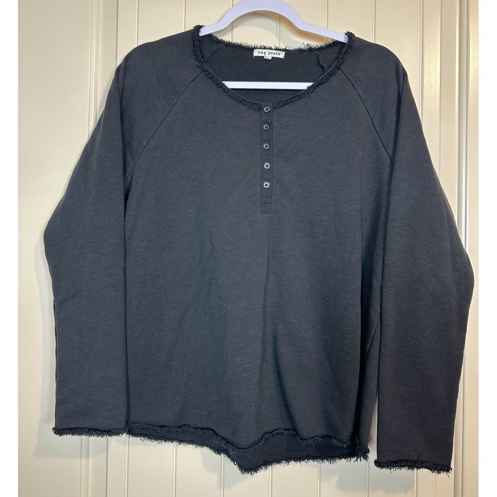 Rag Poets Womens Medium Long Sleeve Pullover Knit Henley shirt raw hem lagenlook